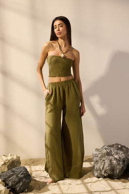 Haki Dokuma Y?rtmacl? %100 Keten Maxi Plaj Yuksek Bel Pantolon TBESS25PL00004