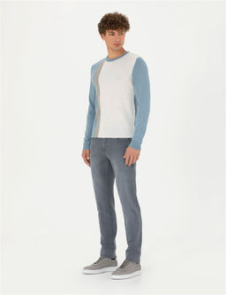 Koyu Mavi Slim Fit Bisiklet Yaka Y_n Kar___ml_ Triko Kazak