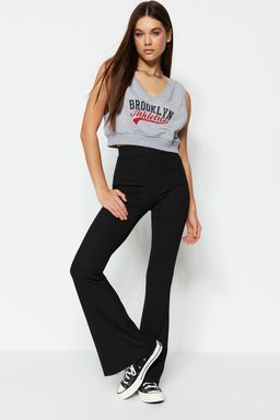 Siyah Fitilli Flare/Ispanyol Paca Yuksek Bel Esnek Orme Tayt Pantolon TWOSS23PL00135
