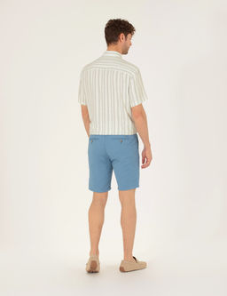 Koyu Mavi Slim Fit Keten Kar___ml_ Beli Lastikli Bermuda _ort