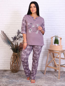 Пижама с брюками футер с начёсом, принт, кофе (945-2)