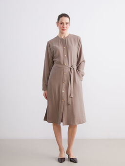 Bisiklet Yaka Keten G?r?n?ml? G?mlek Elbise