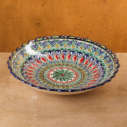 Ляган узбекский Риштанская керамика «Цветы», для плова, 32 см, рифлёный, глубокий, разноцветный