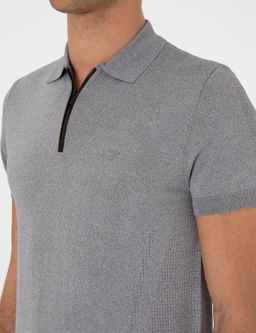 Gri Slim Fit Fermuarl_ Polo Yaka Triko T-shirt
