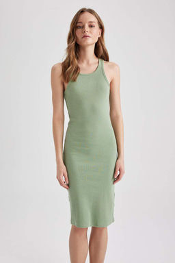 Облегающее базовое хлопковое платье миди с вырезом через шею - Defacto фото 8