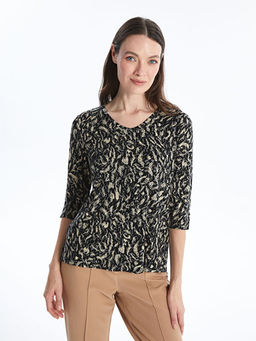 V Yaka Desenli Bluz