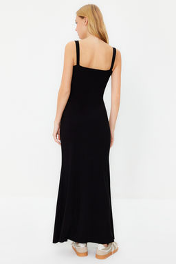 Siyah Kal?n Ask?l? Fitted/Vucuda Oturan Esnek Orme Maxi Kalem Elbise TWOSS24EL00137