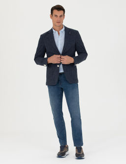 Lacivert Slim Fit Y_n Keten Kar___ml_ Ceket