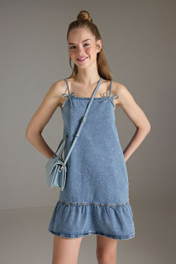Trendyolmilla Ac?k Mavi Fiyonk/Kurdele Detayl? Etegi Volanl? Mini Denim Elbise TWOSS25EL00736  фото 2