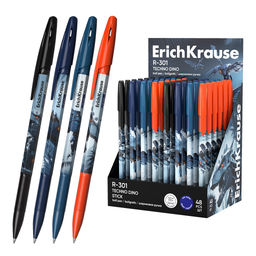Цена за 48 шт. Ручка шариковая ErichKrause R-301 Stick Techno Dino 0.7, цвет чернил синий (в коробке-дисплее по 48 шт.)