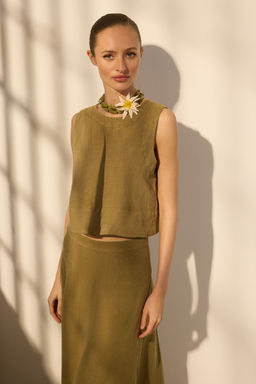 Trendyolmilla Haki %100 Keten Baglama Detayl? Bluz TWOSS25BZ00472