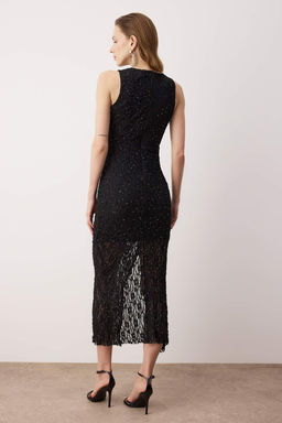 Siyah Tas Bask?l? Tul Maxi Astarl? Party Elbise TPRAW26EL00133