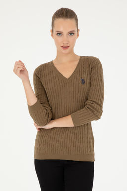 Женский базовый свитер темно-хаки с v-образным вырезом Неожиданная скидка в корзине