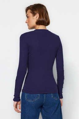 Trendyolmilla Lacivert Dugmeli Fitilli Dik Yaka Fitted/Vucuda Oturan Pamuklu Esnek Orme Bluz TWOAW24BZ00273  фото 5