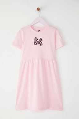 Pembe K?z Cocuk %100 Pamuk Kurdele Bask?l? K?sa Kol Mini Orme Elbise TKDSS25EL00086