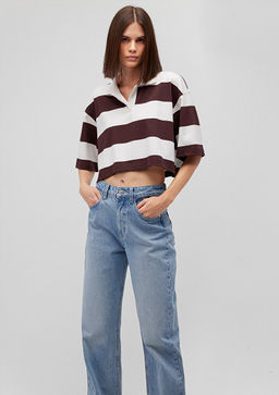 Cizgili Crop Polo Tisort