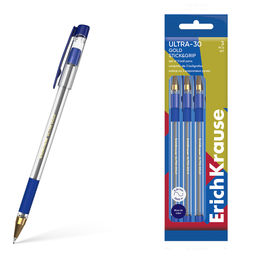 Цена за 12 шт. Набор из 3 ручек шариковых ErichKrause ULTRA-30 Gold Stick&Grip Classic 0.7, Super Glide Technology, цвет чернил синий (в пакете)