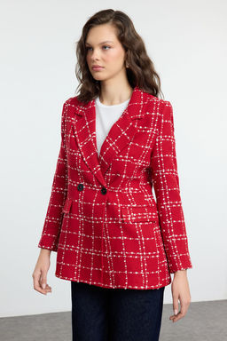 K?rm?z? Oversize Dokuma Ekose Blazer Ceket TWOAW21CE0105