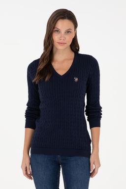 Женский темно-синий базовый свитер с v-образным вырезом Неожиданная скидка в корзине