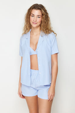 Trendyolmilla Mavi 3lu Paket Pamuklu Cizgili Ip Ask?l? Poplin Bra-Gomlek-Sort Dokuma Pijama Tak?m? THMSS24PT00121 фото 2