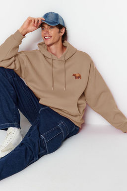 Vizon Oversize/Geni_ Kesim Kap__onlu Hayvan Nak__l_ __i Polar/S_cak Tutan Sweatshirt TMNAW24SW00097