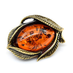 Брошь Винтажная с янтарём в бронзе Лист 24*31мм цв.коньячный