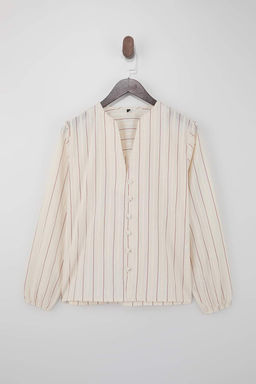 Limited Edition Ekru Cizgili Dugme Detayl? Mevsimlik Dokuma Bluz TWOSS26BZ00220