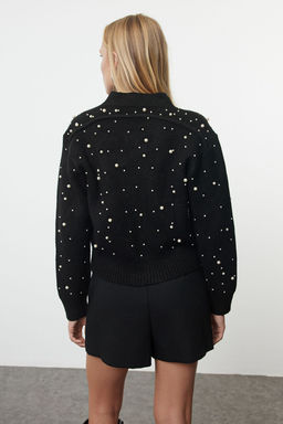 Siyah Yumusak Dokulu Fermuarl? Tas Islemeli Ceket Gorunumlu Triko H?rka TWOAW25HI00168