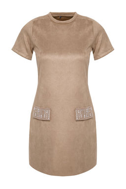 Vizon Bisiklet Yaka Tas Detayl? Shift/Duz Mini Suet Orme Elbise TWOAW24EL00523