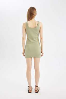 Мини-платье Cool Bodycon с круглым вырезом в рубчик и лямками - Defacto фото 5
