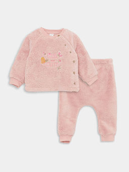 Bisiklet Yaka Uzun Kollu Nak?? Detayl? K?z Bebek H?rka ve Pantolon 2li Tak?m