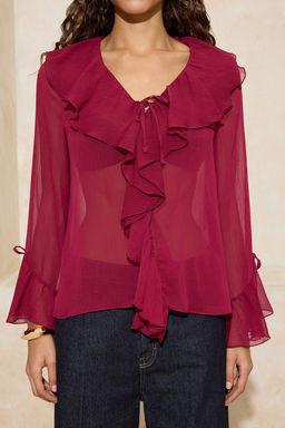 Bordo F?rf?r Detayl? Transparan Sifon Dokuma Bluz TWOSS26BZ00084