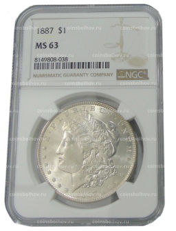 Монета 1 доллар 1887 года США Доллар Моргана (в слабе NGC MS 63)