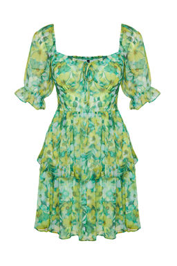 Yesil Cicekli Etegi Volanl? Skater/Belden Ac?lan Sifon Mini Astarl? Dokuma Elbise TWOSS22EL2772