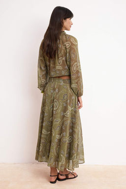 Haki Renkli Sifon Etnik Desenli Astarl? Maxi Uzun Etek TWOSS26ET00050 - Trendyolmilla фото 4