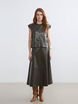 Bisiklet Yaka Deri G?r?n?ml? Bluz