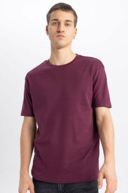 Regular Fit Bisiklet Yaka Bask?l? K?sa Kollu Ag?r Kumas Tisort