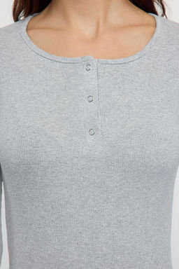 Gri Melanj C?tc?tl? Fitted/Vucuda Oturan Fitilli Esnek Orme Bluz TWOAW25BZ00080