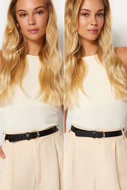 Trendyolmilla Siyah-Kahverengi 2li Paket Croco ve Duz Deri Gorunumlu Kad?n Kemer TWOAW24KE00029