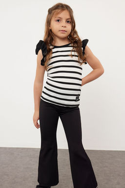Siyah K?z Cocuk Cizgili Regular/Normal Kal?p F?rf?r Detayl? Kolsuz Orme T-Shirt TKDSS24TS00014