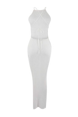 Ekru Vucuda Oturan Maxi Triko S?rt Dekolteli Plaj Elbisesi TBESS24EL00054