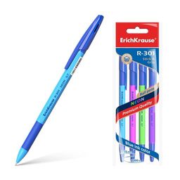 Цена за 24 шт. Набор из 4 ручек шариковых ErichKrause R-301 Stick&Grip Neon 1.0, цвет чернил синий (в пакете)