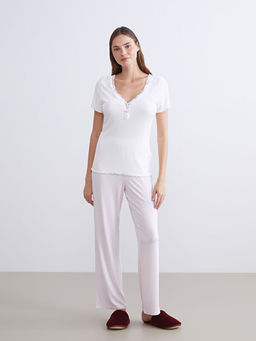 V Yaka ?izgili Kad?n Pijama Tak?m?