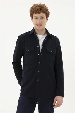 Мужская темно-синяя рубашка с длинным рукавом