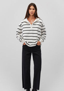 Siyah Cizgili Polo Yaka Sweatshirt - Mavi фото 3