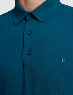 Petrol Mavi Slim Fit Pamuk Kar___ml_ D__meli Polo Yaka Basic T-shirt