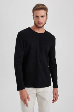 Базовая футболка узкого кроя с круглым вырезом и длинными рукавами - Defacto фото 3