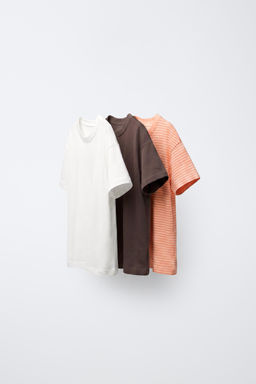 PACK TRES CAMISETAS RAYAS Y LISAS / Mandarina