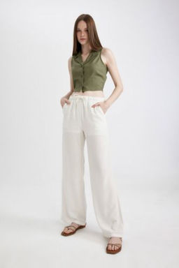 Wide Leg Genis Bol Paca Uc Cepli Normal Bel Basic Duz Standart Boy Keten Kar?s?ml? Pantolon