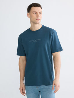 Oversize Fit Bisiklet Yaka Bask?l? Erkek Ti??rt